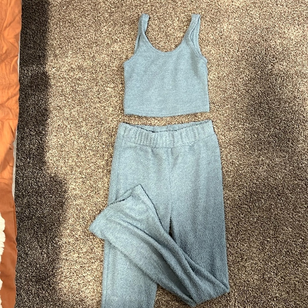 Three piece Sherpa set with cropped tank, wide leg pants, and cardigan.